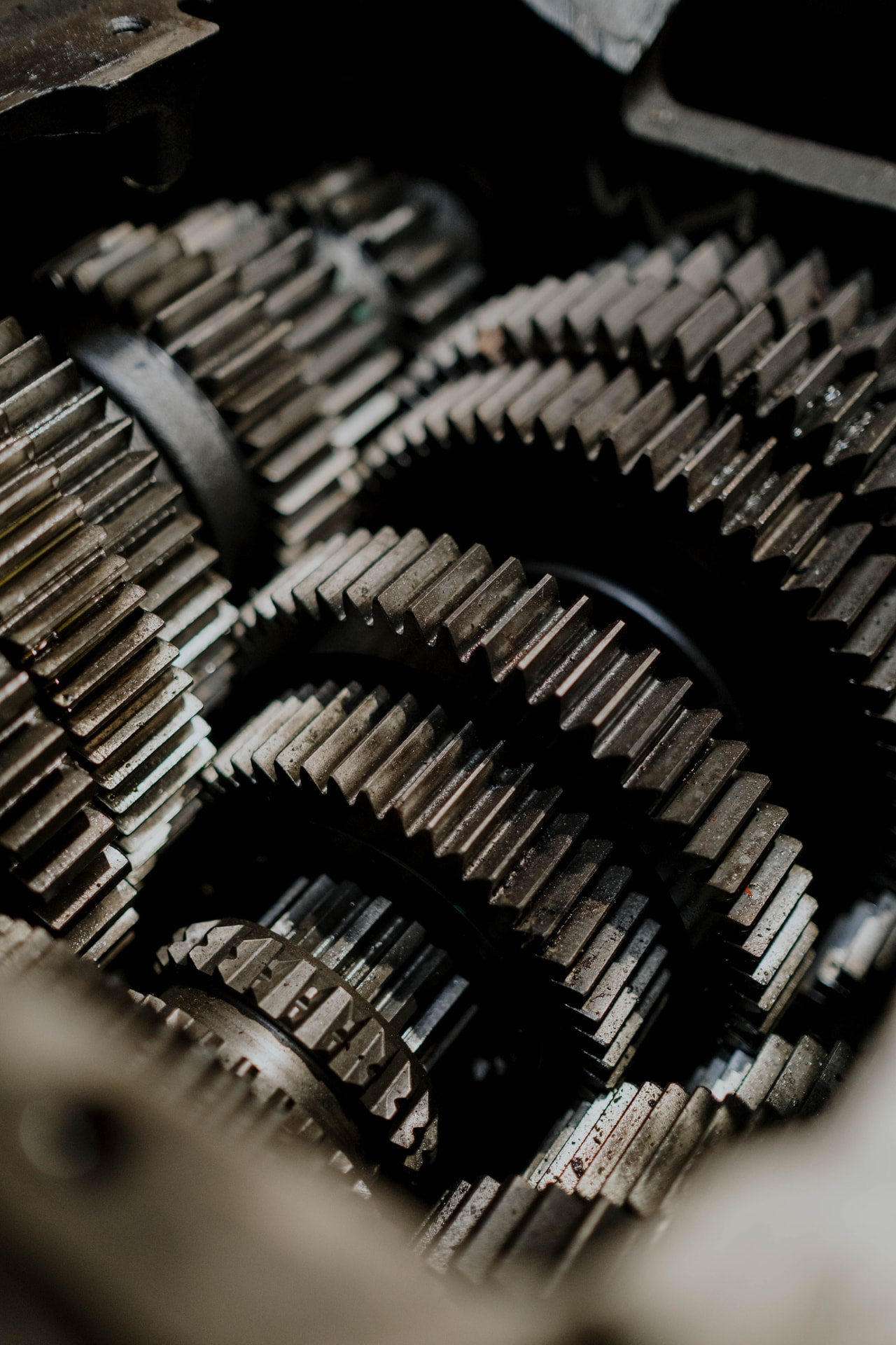 Meshed steel gears and sprockets inside an open gearbox housing